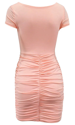 Instant Mood Lifter Beige Short Sleeve V Neck Ruched Cut Out Waist Bodycon Mini Dress