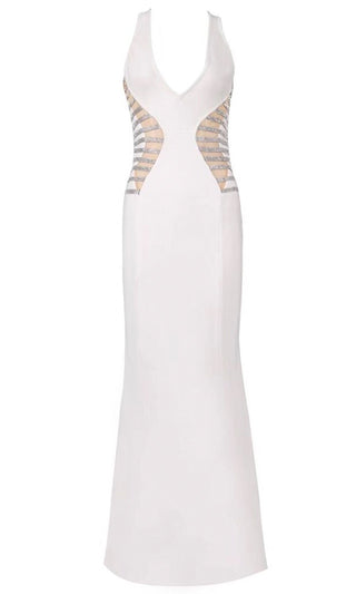 Hollywood Glam White Sleeveless Plunge V Neck Sheer Mesh Sides Rhinestone Beaded Bandage Mermaid Maxi Dress