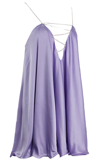 Enchanted Glitz Lavender Purple Satin Sleeveless Spaghetti Strap Deep V Neck Criss Cross Lace Up Open Back A Line Ruffle Hem Shift Mini Dress