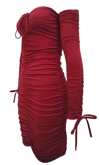 Cast A Spell Long Tie Sleeve Off The Shoulder Ruched Bodycon Mini Dress - 6 Colors Available