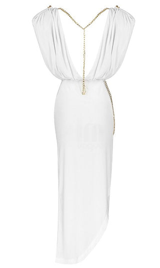 Pure Romance White Shoulder Pad Short Sleeve Boat Neck Ruched Draped Gold Chain High Low Side Slit Midi Dress