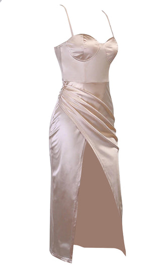 Total Glamour White Satin Sleeveless Spaghetti Strap Bustier Drape Front Split Bodycon Midi Dress