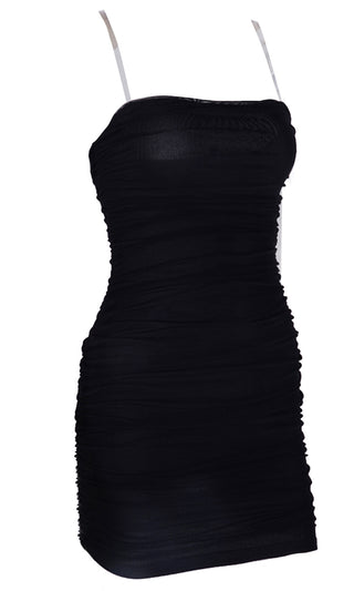 Time To Get Down Black Sleeveless Mesh Clear Spaghetti Strap Ruched Bodycon Mini Dress