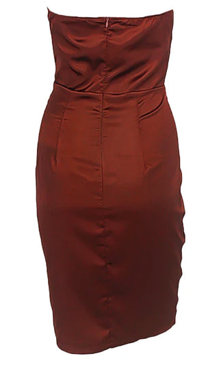 One More Night Brown Satin Strapless Draped Sweetheart Neck Bodycon Midi Dress - 3 Colors Available
