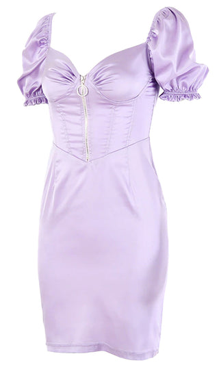 Ray Of Sunshine Satin Purple Short Puff Sleeves Sweetheart Neck Zip Front Bustier Bodycon Mini Dress