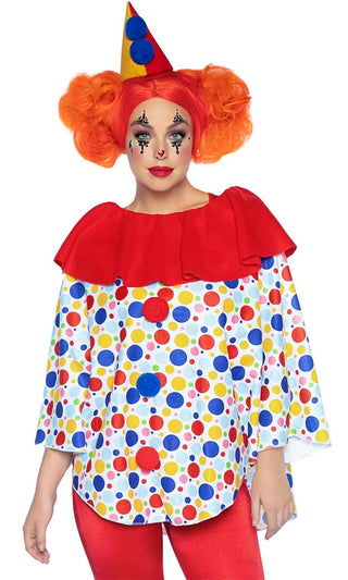 Clowning Around<br><span> Red Blue Yellow Polka Dot Pattern Long Sleeve Ruffle Poncho Two Piece Halloween Costume Set</span>