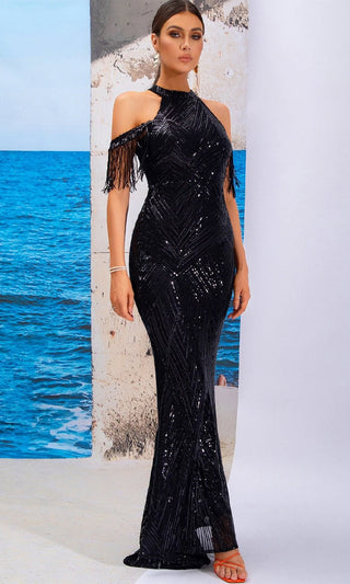 Steal The Spotlight <br><span>Gold Sequin Halter High Neck Cut Out Cold Shoulder Fringe Sleeve Fishtail Mermaid Maxi Dress</span>