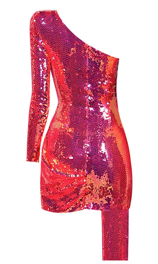 Sparkling Star <br><span>Fuchsia Pink Sequin Long Sleeve One Shoulder Draped Bodycon Mini Dress</span>