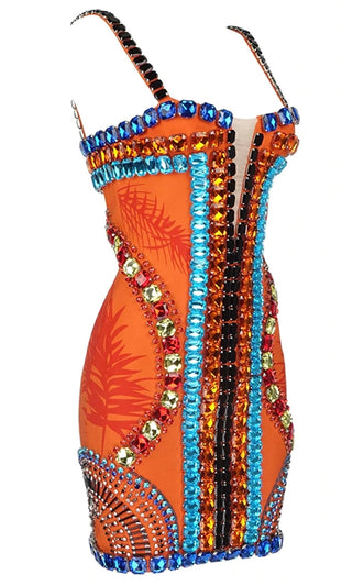 Indie XO | Famous Curves Orange Black Multicolor Mesh V Neck Embellished Beaded Gem Bandage Spaghetti Strap Body Con Mini Dress - Inspired by Kylie