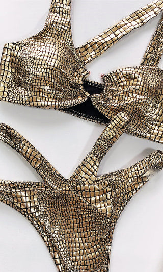 Summer Solstice <br><span> Metallic Snake Print Animal Pattern Sleeveless Asymmetrical Bandeau Top Cut Out Brazilian Two Piece Bikini Swimsuit </span>
