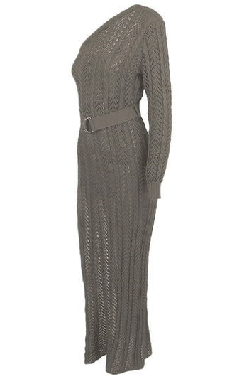 Sheer Elegance White Hollow Crochet Chevron Knit Long Sleeve One Shoulder High Slit Maxi Casual Dress