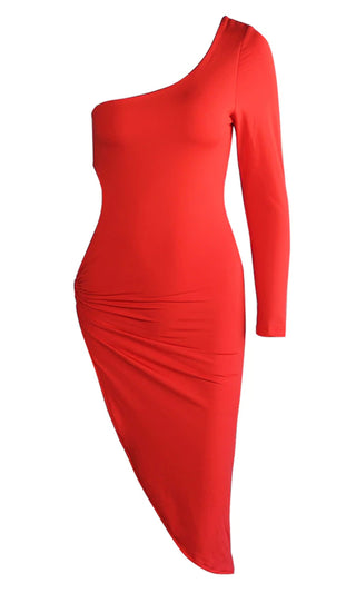 New Motives Red Long Sleeve One Shoulder Asymmetric Cut Out O Ring Side High Slit Bodycon Mini Dress