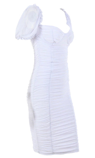 Catch Me If You Can White Sheer Mesh Short Puff Sleeve Ruched V Neck Bodycon Midi Dress