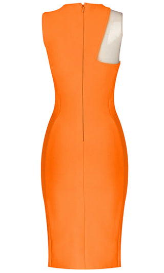 Posh Life Orange Bandage Sheer Mesh Cut Out Shoulder Sleeveless Round Neck Midi Bodycon Dress