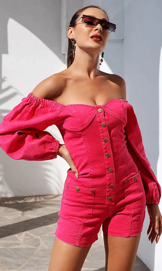 Only in LA Hot Pink Long Puff Lantern Sleeve Off the Shoulder Sweetheart Neckline Bustier Button Denim Short Romper