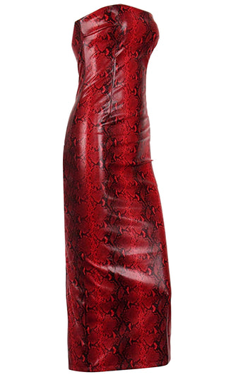 Getting Hotter Red Snake Python Print Animal Pattern Strapless Bodycon Back Slit Maxi Dress