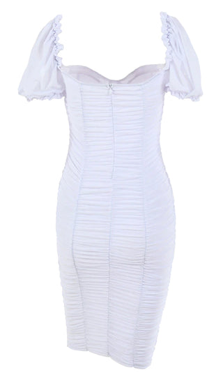 Catch Me If You Can White Sheer Mesh Short Puff Sleeve Ruched V Neck Bodycon Midi Dress