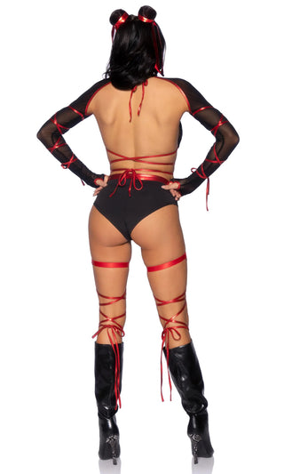 Lethal Love <br><span>Black Red Sheer Mesh Long Sleeve Shrug Spaghetti Strap Bra Top Bikini Bottom Five Piece Halloween Costume Set</span>