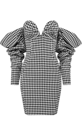 Strut With Elegance Black White Houndstooth Pattern Off The Shoulder Puff Long Sleeve Deep Sweetheart Neckline Bodycon Mini Dress