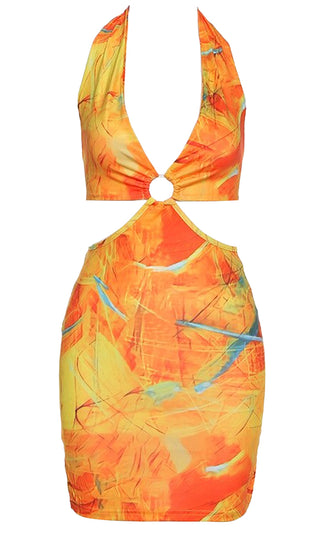 Reckless Romance Geometric Pattern Sleeveless Plunge V Neck Halter Cut Out Sides Bodycon Mini Dress
