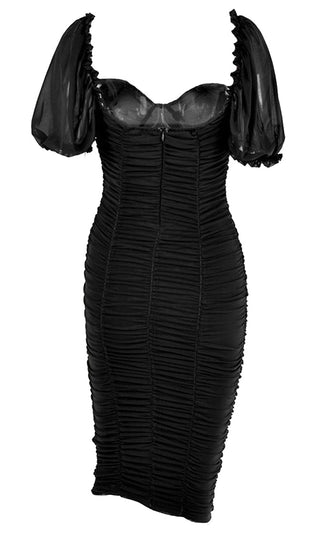 Catch Me If You Can <br><span>Black Sheer Mesh Short Puff Sleeve Ruched V Neck Bodycon Midi Dress</span>