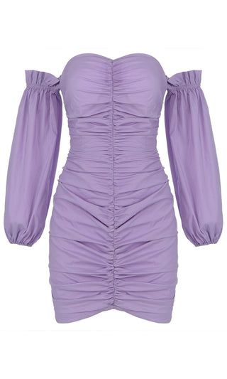 Lilac Fields Purple Puffed Long Sleeves Off The Shoulder Sweetheart Neck Ruched Casual Bodycon Mini Dress