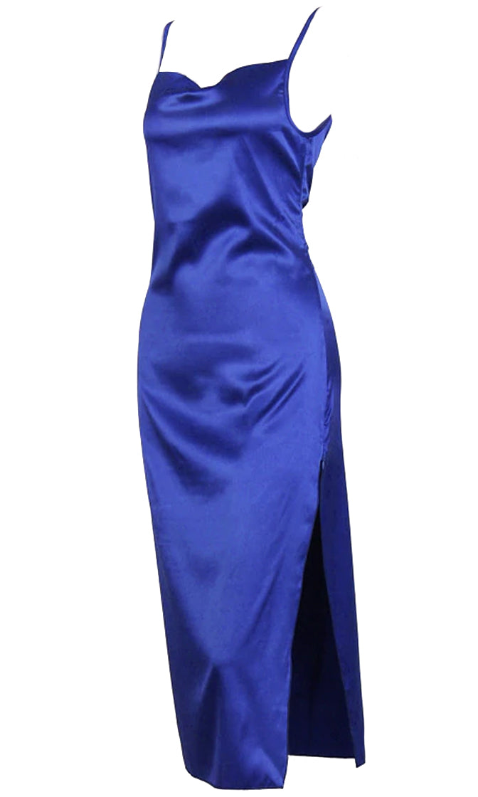 High Glamour Blue Satin Sleeveless Spaghetti Strap Draped V Neck Side ...