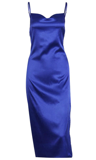 High Glamour <br><span>Blue Satin Sleeveless Spaghetti Strap Draped V Neck Side Slit Bodycon Midi Dress</span>