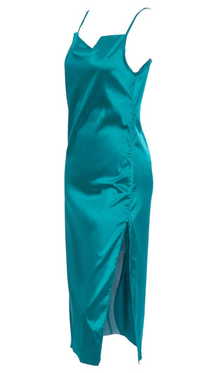 High Glamour <br><span>Black Satin Sleeveless Spaghetti Strap Draped V Neck Side Slit Bodycon Midi Dress</span>