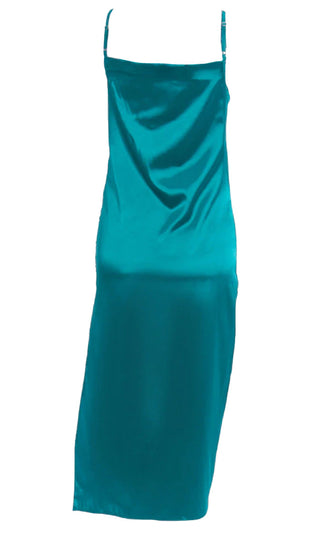 High Glamour <br><span>Blue Green Satin Sleeveless Spaghetti Strap Draped V Neck Side Slit Bodycon Midi Dress</span>