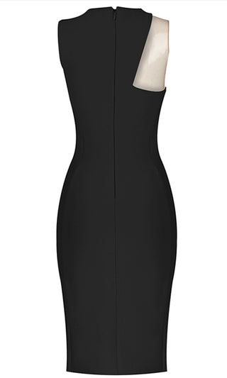 Posh Life Black Bandage Sheer Mesh Cut Out Shoulder Sleeveless Round Neck Midi Bodycon Dress