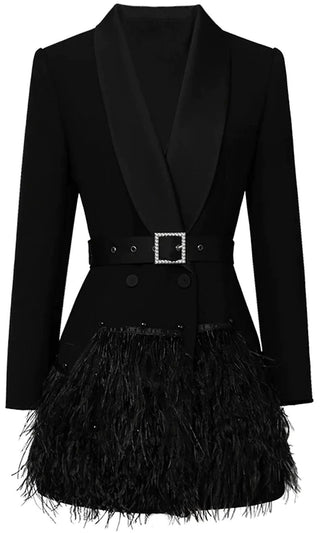 That's Right Black Long Sleeve Cross Wrap V Neck Lapels Belted Feather Skirt Flare A Line Mini Dress