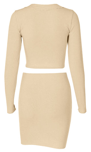 On The Rocks Ribbed Long Sleeve Ruffle Tie Front Top Bodycon Mini Skirt Casual Two Piece Dress