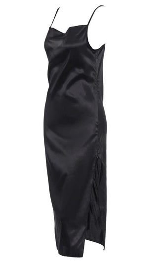 High Glamour <br><span>Black Satin Sleeveless Spaghetti Strap Draped V Neck Side Slit Bodycon Midi Dress</span>