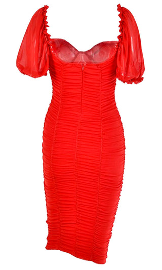 Catch Me If You Can <br><span>Red Sheer Mesh Short Puff Sleeve Ruched V Neck Bodycon Midi Dress</span>