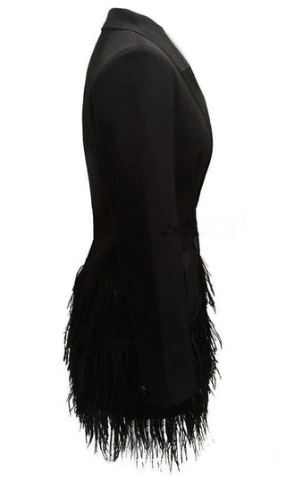 That's Right Black Long Sleeve Cross Wrap V Neck Lapels Belted Feather Skirt Flare A Line Mini Dress