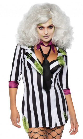 Ghost Girl <bR><span>Black White Stripe Pattern Elbow Sleeve V Neck Bodycon Mini Jacket Dress Halloween Costume</span>