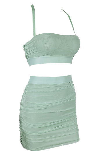 Barely There Light Green Sleeveless Spaghetti Strap Crop Top Ruched Bodycon Mini Skirt Two Piece Dress