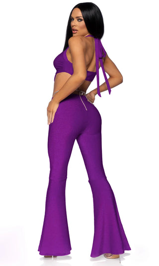 Taking The Stage <br><span>Purple Sleeveless Spaghetti Strap Halter Cut Out Bodycon Flare Leg Jumpsuit Halloween Costume</span>