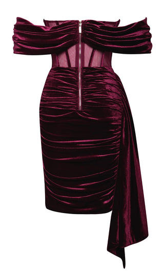 Need Someone New <br><span>Burgundy Velvet Sheer Mesh Draped Off The Shoulder Scoop Neck Ruched Bodycon Mini Dress</span>