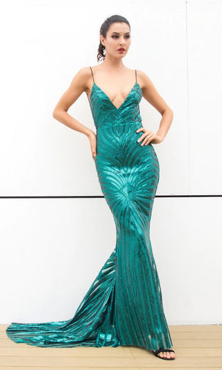 Feel The Spark <BR><SPAN>Gold Sequin Geometric Pattern Sleeveless Spaghetti Strap Plunge V Neck Backless Mermaid Maxi Dress</SPAN>