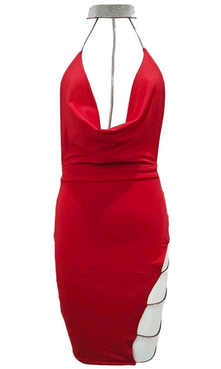 Get His Attention Red Sleeveless Spaghetti Strap Rhinestone Collar Drape V Neck Halter Cut Out Side Bodycon Mini Dress