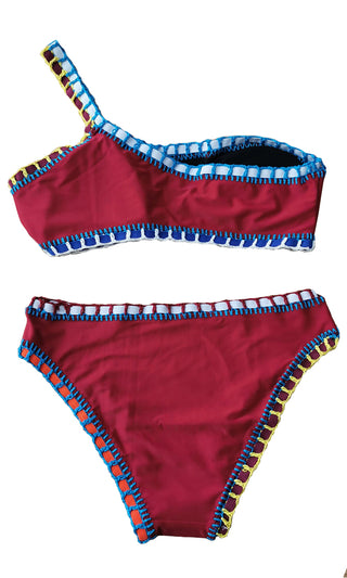 Hawaiian Spirit <br><span>Pink Sleeveless One Shoulder Crochet Elastic Two Piece Bikini Swimsuit</span>