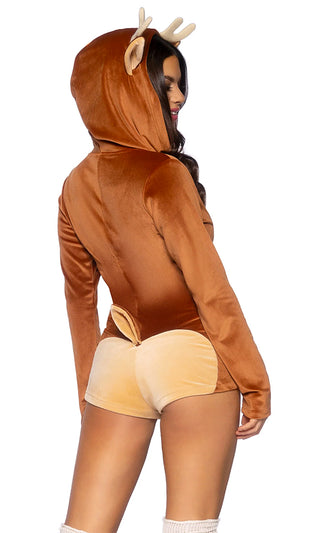 Deer Hunting <br><span>Brown Velvet Long Sleeve Zip Front Antler Ear Hood Bodycon Romper Halloween Costume</span>
