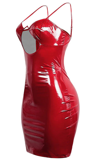 Daring Vixen Red PU Faux Leather Sleeveless Spaghetti Strap V Neck Bustier Cut Out Bodycon Mini Dress