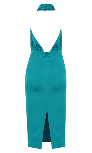 Your Dream Girl Teal Blue Sleeveless Pleated Ruched Cross Wrap Halter Neck Bodycon Midi Dress