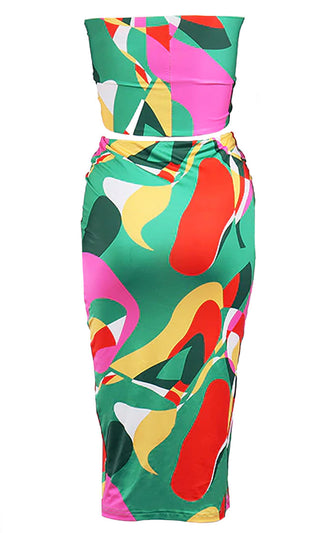 I Deserve Everything Red Geometric Pattern Multi Way Convertible Crop Top Ruched Drawstring Bodycon Midi Skirt Two Piece Dress