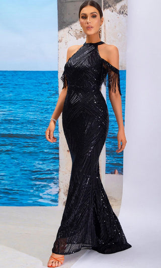 Steal The Spotlight <br><span> Black Sequin Halter High Neck Cut Out Cold Shoulder Fringe Sleeve Fishtail Mermaid Maxi Dress</span>