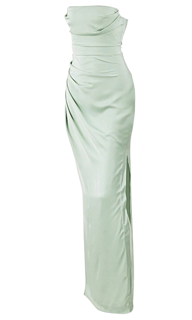 In The Mist Sage Green Satin Strapless Draped Side Slit Maxi Dress ...