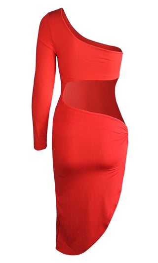 New Motives Red Long Sleeve One Shoulder Asymmetric Cut Out O Ring Side High Slit Bodycon Mini Dress